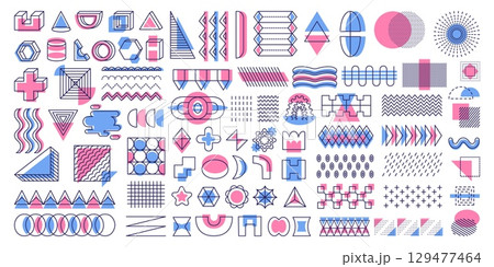 Geometrical shapes design. Vintage style lines elements with color decor. Geometric silhouettes, arches, simple 3d objects neoteric vector collection 129477464