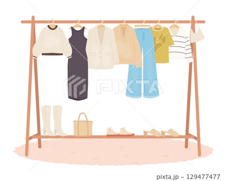 Wooden hanger with simple capsule outfits. Different clothes, sweater, t-shirt, pullover, jacket, jeans and black dress. Shoes and bags, female wardrobe vector elements Wooden hanger with simple capsule outfits. Different clothes, sweater, t-shirt, pullover, jacket, jeans and black dress. Shoes and bags, female wardrobe vector elements 129477477