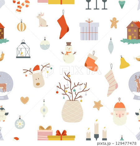 Winter holidays elements, christmas seamless pattern. Isolated xmas tree decoration toys, candles, home decor and gifts. Festive vector background 129477478