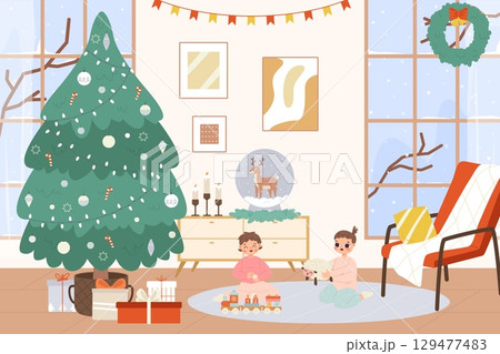 Funny little children playing with toys in Christmas interior. Happy girls play together, New Year festive eve. Winter holidays, living room decor, vector illustration Funny little children playing with toys in Christmas interior. Happy girls play together, New Year festive eve. Winter holidays, living room decor, vector illustration 129477483