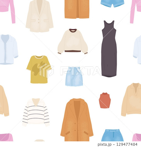 Female clothes seamless pattern. Fashion stylish dress pullover t-shirt skirt. Isolated cartoon outfits. Print for fabric, paper, website backdrop, vector background 129477484