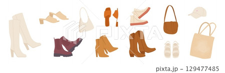 Fashion female accessories. Isolated shoes boots sneakers, leather flip flop. Stylish bags, shopping textile bag and purse. Accessory vector clipart 129477485