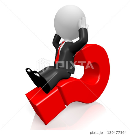 Cartoon businessman and question mark - confusion concept - 3D illustration 129477564