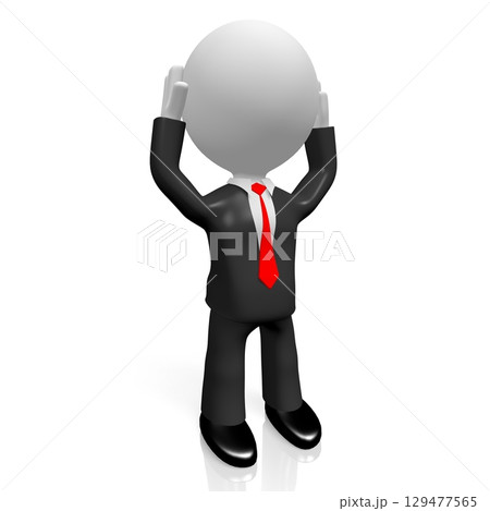 Cartoon businessman with raised hands - worried gesture - 3D illustration Cartoon businessman with raised hands - worried gesture - 3D illustration 129477565