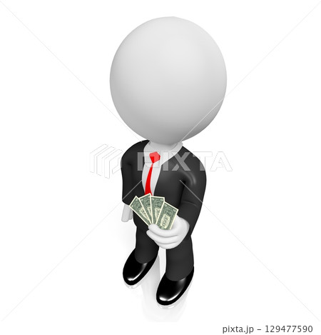 Cartoon businessman holding one dollar bills - 3D illustration 129477590