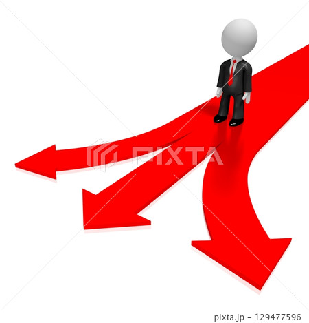 Cartoon businessman and arrows - choice concept - 3D illustration 129477596