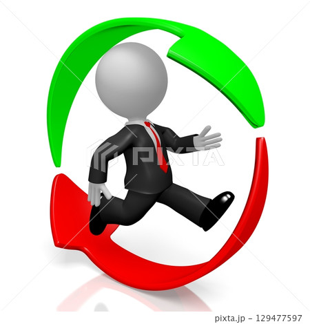 Running cartoon businessman and arrows - performance concept - 3D illustration 129477597