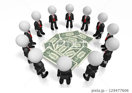 Cartoon businessmen and one dollar bills - 3D illustration 129477606
