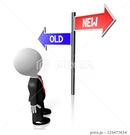 Cartoon businessman - old and new signpost - 3D illustration 129477634