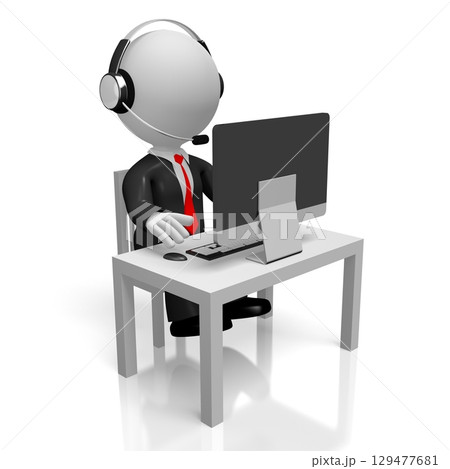 Cartoon character with headset working on computer - 3D illustration 129477681