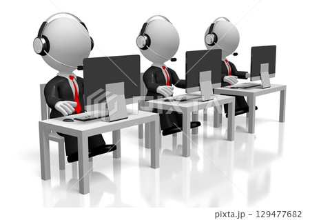 Cartoon characters with headsets working on computer - 3D illustration 129477682