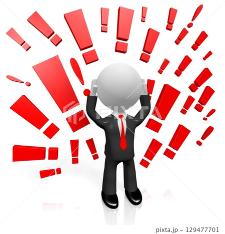 Cartoon businessman and exclamation marks - 3D illustration Cartoon businessman and exclamation marks - 3D illustration 129477701