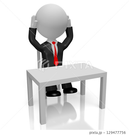 Cartoon character sitting behind a desk - worried concept - 3D illustration Cartoon character sitting behind a desk - worried concept - 3D illustration 129477756