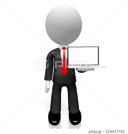 Cartoon businessman holding laptop - 3D illustration 129477791