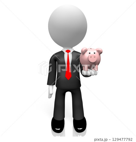 Cartoon businessman holding piggy bank - 3D illustration 129477792