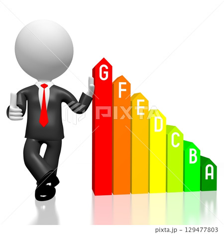 Cartoon character and efficiency chart - power consuption concept - 3D illustration Cartoon character and efficiency chart - power consuption concept - 3D illustration 129477803