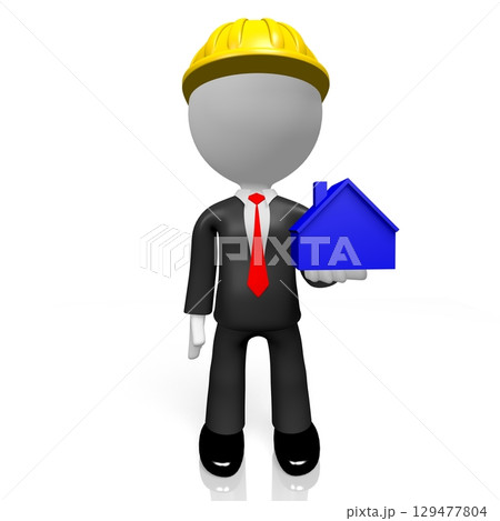 Cartoon character and house shape - 3D illustration 129477804