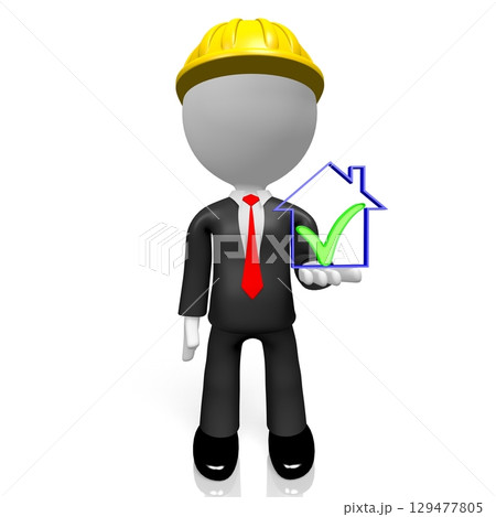Cartoon character and house shape - 3D illustration 129477805