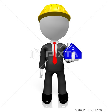 Cartoon character and house shape - 3D illustration 129477806