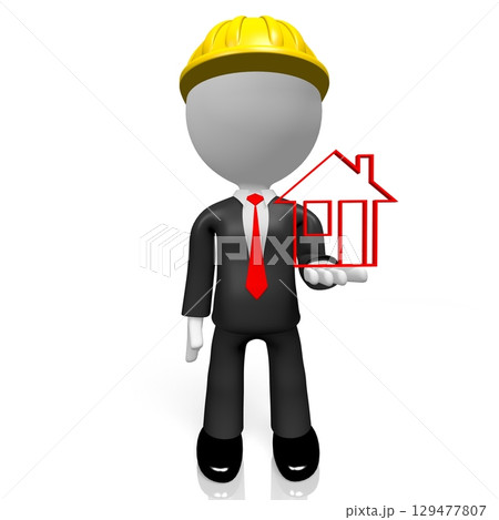 Cartoon character and house shape - 3D illustration 129477807