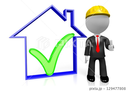 Cartoon character and house shape - 3D illustration 129477808