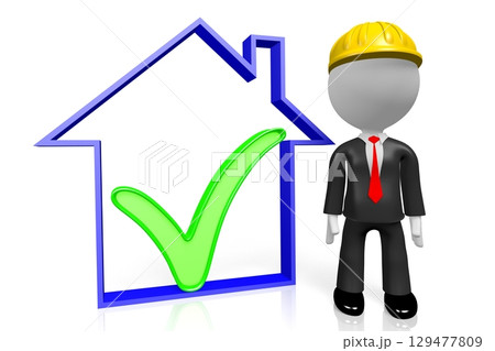 Cartoon character and house shape - 3D illustration Cartoon character and house shape - 3D illustration 129477809