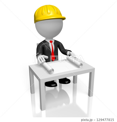 Cartoon character with helmet presenting plan on a desk - 3D illustration Cartoon character with helmet presenting plan on a desk - 3D illustration 129477815