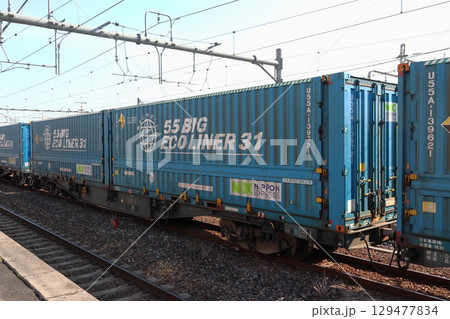 東北本線の途中駅で時間調整するトヨタ・ロングパス・エクスプレス貨物列車 129477834