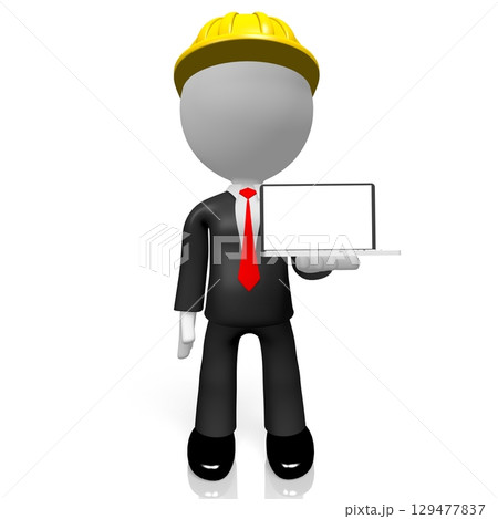 Cartoon character with helmet holding laptop - 3D illustration Cartoon character with helmet holding laptop - 3D illustration 129477837