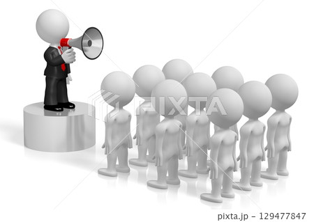 Cartoon character talking with a megaphone - 3D illustration Cartoon character talking with a megaphone - 3D illustration 129477847