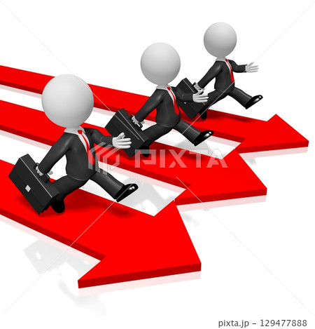 Arrows and running cartoon businessmen - competition concept - 3D illustration Arrows and running cartoon businessmen - competition concept - 3D illustration 129477888