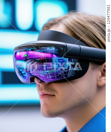 Immersive tech young man experiencing augmented reality headset 129477981