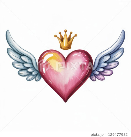 Colorful Watercolor Illustration of a Heart With Wings and a Crown Showcasing Love and Freedom 129477982
