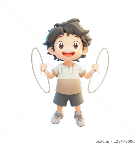 Joyful 3d cartoon boy playing with jump rope 129478000