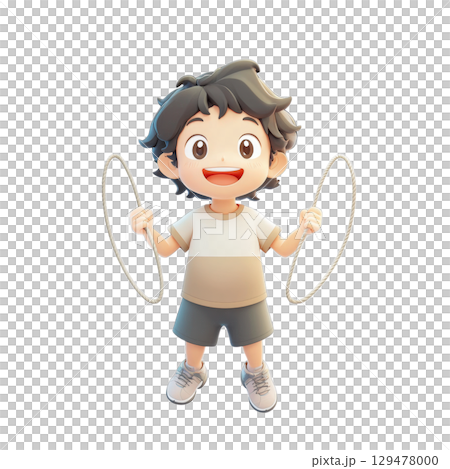 Joyful 3d cartoon boy playing with jump rope 129478000