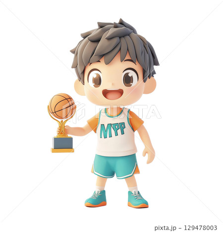 Joyful cartoon boy holding basketball trophy 129478003