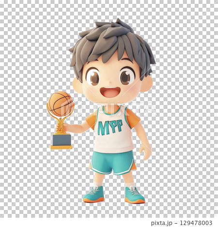 Joyful cartoon boy holding basketball trophy 129478003