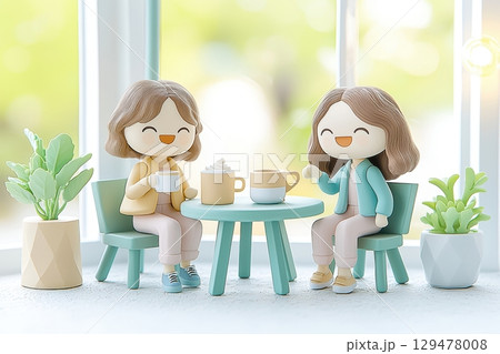 Joyful friends enjoying coffee by the window. 129478008