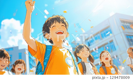 Joyful kids celebrate success outdoors 129478009