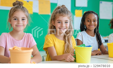 Joyful moments three young girls enjoying drinks together at a table 129478010