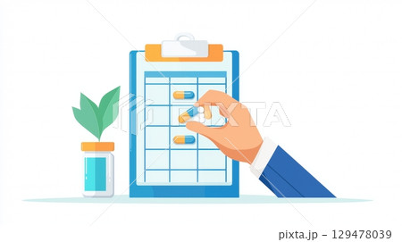 Medication schedule hand placing pills on checklist 129478039