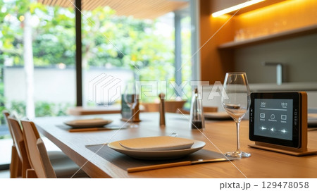 Modern smart home dining room minimalist table setting with control panel 129478058