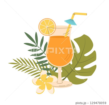 Coconut or juice glass with tropical leaves vector illustration. Cartoon summer healthy cold drink on white background. Vegan menu 129478059
