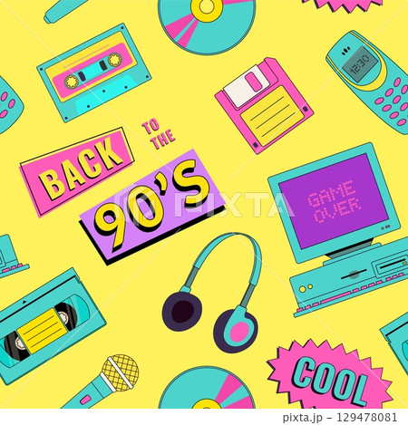 Nostalgia for 90s items seamless pattern. Retro music festival. Vintage old pc, cassette, player. Pop art wallpapers, textile and wrapping print 129478081