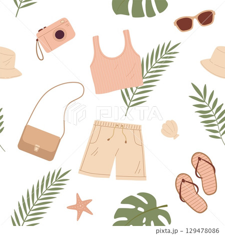 Seamless pattern with summer cloth like short, top, bag, sunglasses, tropical leaves. Fashion texture for shopping, sale, travel vector illustration 129478086