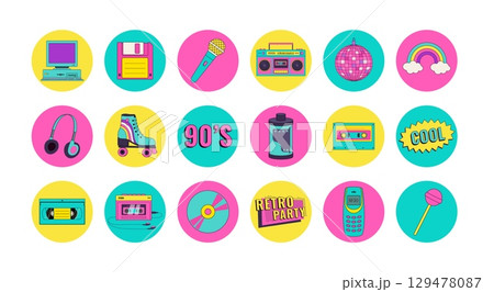 Set of 90s retro device icons in modern pop style. Vintage audio player, cassette, old pc, floppy disk, phone vector illustration. Nostalgia for 1990s 129478087