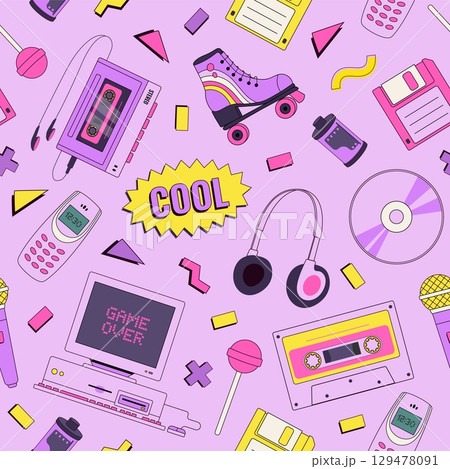 Retro style seamless pattern with 90s items elements. Nostalgia for 1990s. Pop art print. Old pc, roller, cassette, audio player, music, disk 129478091