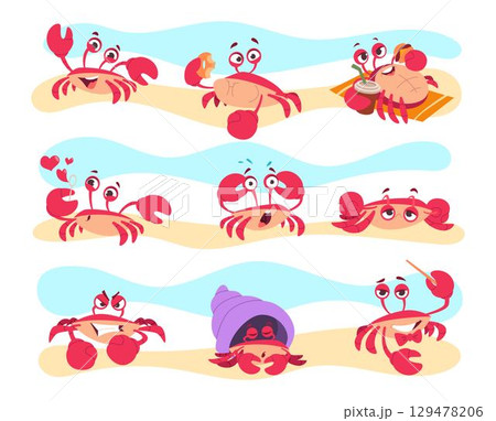 Cute crab. Ocean character in different poses and various emotions exact vector crab mascot Cute crab. Ocean character in different poses and various emotions exact vector crab mascot 129478206