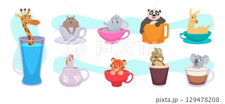 Animals in mug. Cartoon animals sitting in teacups exact vector cute characters Animals in mug. Cartoon animals sitting in teacups exact vector cute characters 129478208