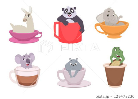 Animals in cups. Funny cartoon cute animals sitting in big teacup or mugs exact vector childish concept illustration Animals in cups. Funny cartoon cute animals sitting in big teacup or mugs exact vector childish concept illustration 129478230